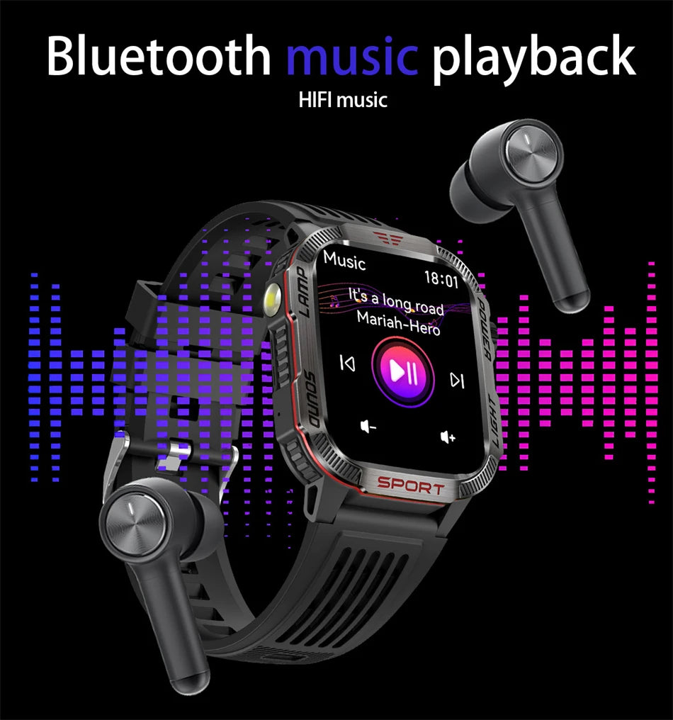Military-style GPS smartwatch with flashlight, compass, and Bluetooth call – waterproof and outdoor-ready