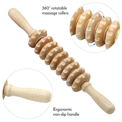 Wooden massage roller for trigger point and cellulite relief