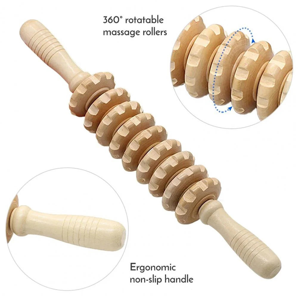 Wooden massage roller for trigger point and cellulite relief