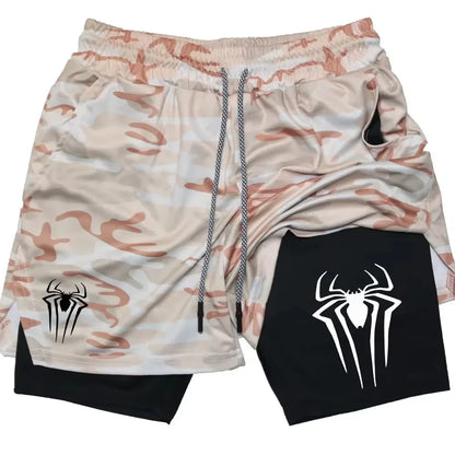 Men’s Spider Print 2-in-1 Compression Gym Shorts