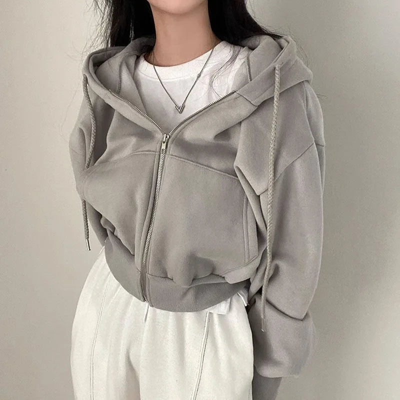 Korean Hoodies Autumn and Winter 2024 New Ins Plus Velvet 100 Fashion Short Slim Zipper Warm Solid Color Hoodie Woman