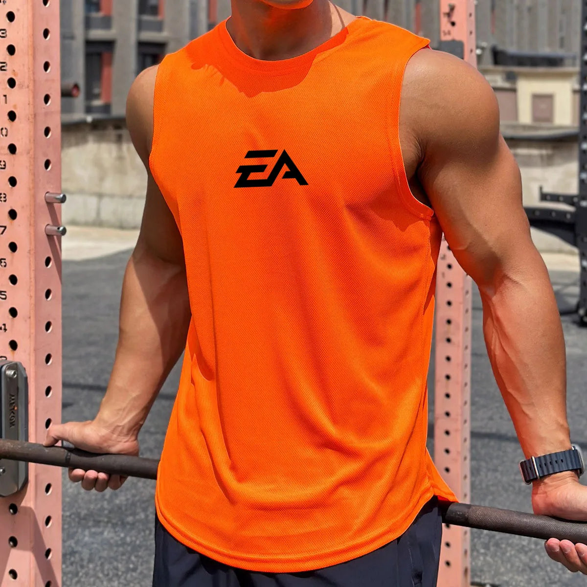 Summer New Trend Men's Pullover Round Neck Mesh Bottom Shirt Sports Fitness Swimming Running Shirt Sleeveless Vest Quick  Dry