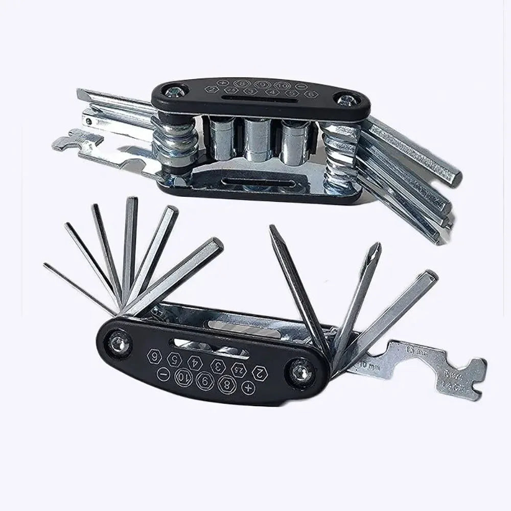 16-in-1 portable bike repair tool with wrench and screwdriver set