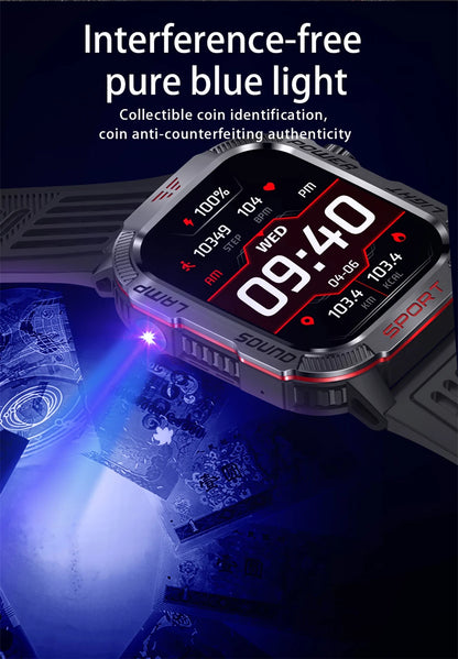 Military-style GPS smartwatch with flashlight, compass, and Bluetooth call – waterproof and outdoor-ready