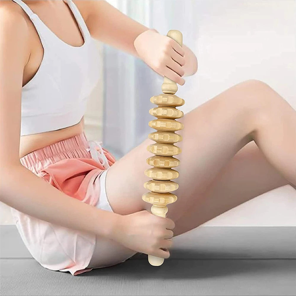 Wooden massage roller for trigger point and cellulite relief