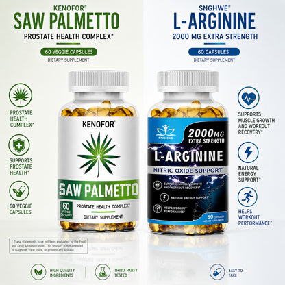 Saw Palmetto + L‑Arginine Men’s Vitality Bundle – Prostate Health, Nitric Oxide & Energy Support, 2×60 Capsules